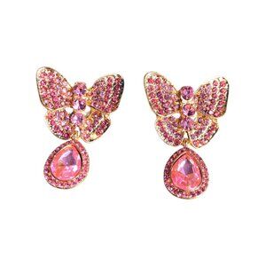 Gold Tone Pink Rhinestone Butterfly Earrings